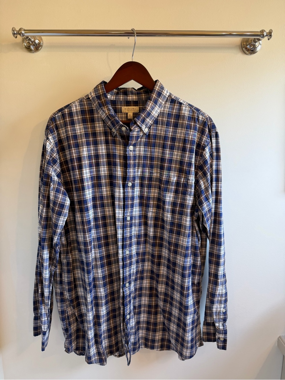 Sonoma Blue and White Plaid Button-Down Shirt